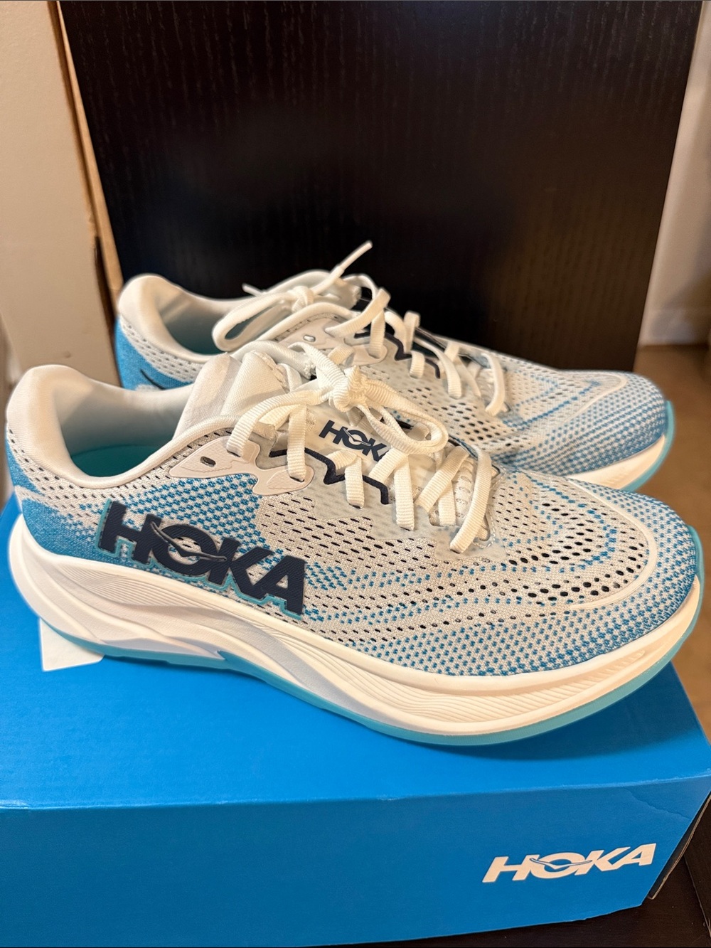 Hoka White and Light Blue Men's Running Sneakers
